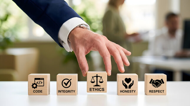 Professional hand selecting core values block representing business principles with set clean desk bright office environment surrounded other blocks symbolizing integrity
