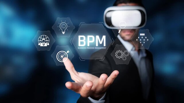A business professional engages with virtual reality to enhance business process management and drive innovation in a dynamic digital landscape. Raster