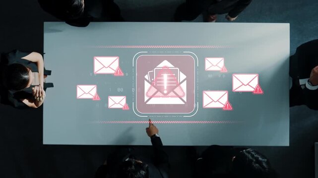 Digital Communication Concept with Projected Interface Displaying Alerts on Emails Above a Conference Table in a Business Environment Sigmoid
