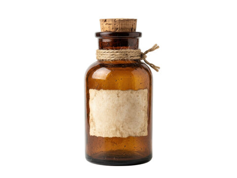 Antique amber glass potion bottle with cork stopper and rough label tied with twine.