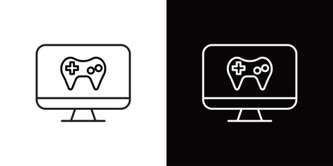 画面にゲームコントローラーが表示されたデスクトップPCのアイコン。白と黒のベクターイラストセット © Queso