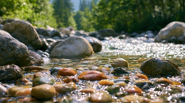 Smooth pebbles mountain stream sparkling water