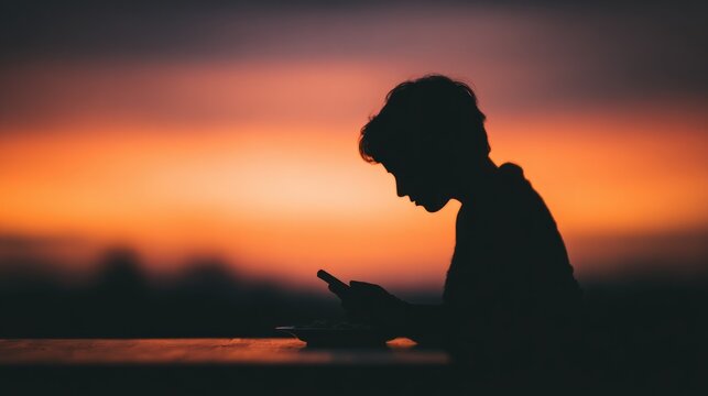 Silhouette of person using smartphone outdoors during sunset with colorful sky representing digital connectivity mobile technology lifestyle