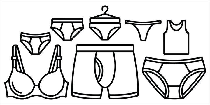 Black and white line art icons of men's and women's underwear and a tank top on a hanger lingerie thong