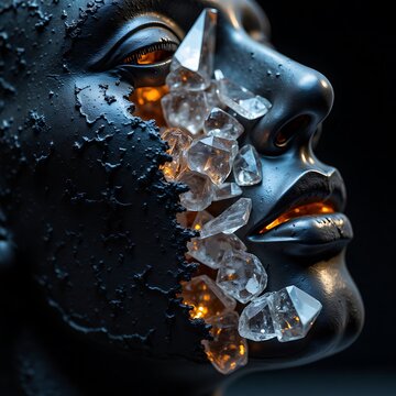 Oxidized Iron Face Transmuting into Brilliant Faceted Quartz Crystals