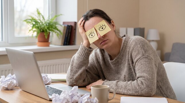 Woman pretending to be alert at her desk with eyes on sticky notes