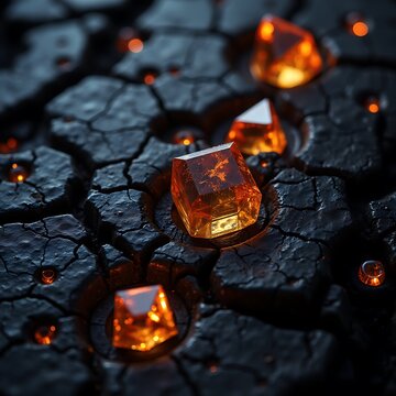Luminous Amber Crystals Embedded in Scratched Black Industrial Metal
