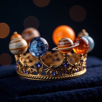Ornate Golden Celestial Crown Set with Miniature Planets