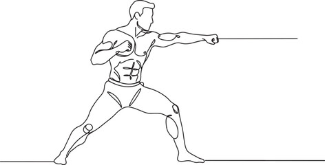 Fototapeta premium Muscular man in fighting stance, ready to strike with a punch, line art.