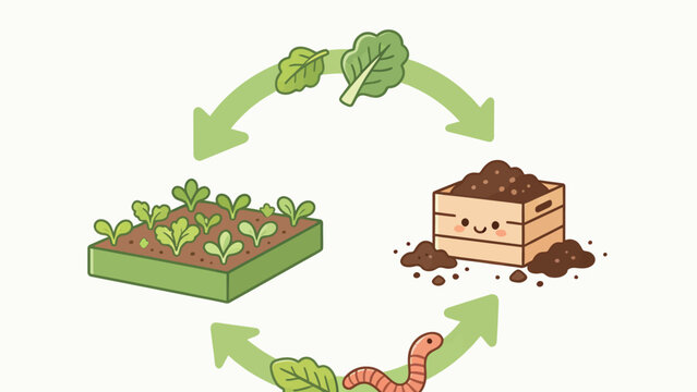 Kawaii Circular Diagram Showing Vegetable Growth, Compost Bin, and Worm Cycle