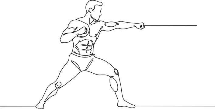 Muscular man in fighting stance, ready to strike with a punch, line art.