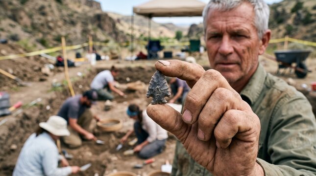 Archaeologist proudly displays ancient arrowhead discovered at excavation site with team working in background