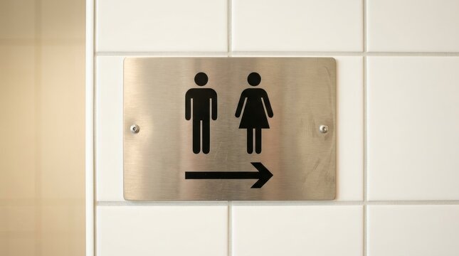A brushed metal sign with black of a man and a woman next to a right-pointing arrow, mounted on a white tiled wall in a public restroom