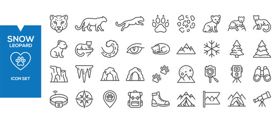 Snow Leopard Icons Set – Flat Wildlife, Big Cat Mountain Animal Vector Collection © Setgallery