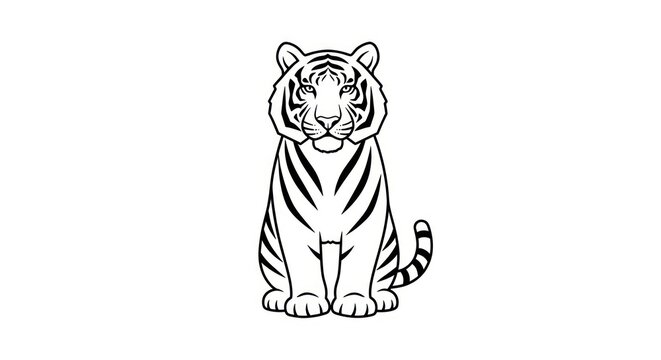 Tiger sitting and looking forward calmly.