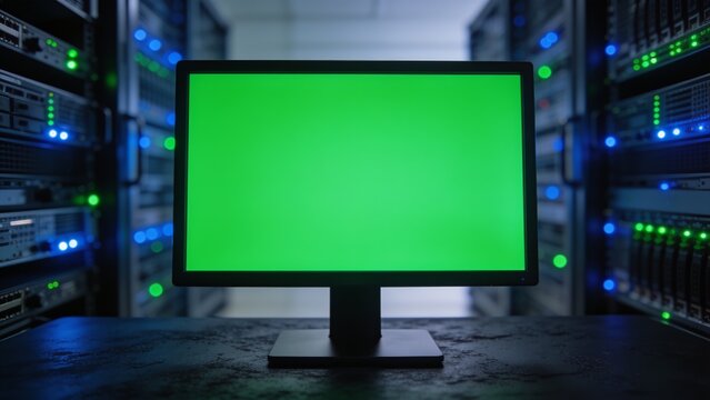 photograph of a modern computer monitor with a bright green screen, indicating a chroma key or placeholder. The monitor is centrally positioned on a dark, textured surface, likely a desk or table. In 