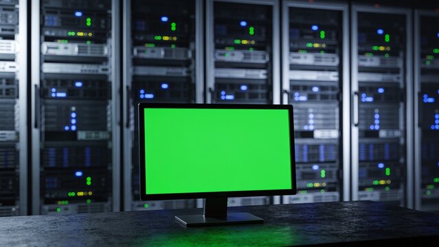 photograph of a modern computer monitor with a bright green screen, indicating a chroma key or placeholder. The monitor is centrally positioned on a dark, textured surface, likely a desk or table. In 