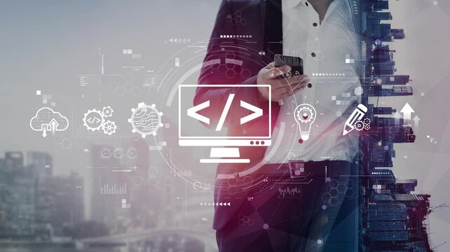 Modern web development concept featuring coding symbols, web development process, web development interface, and web development tools with futuristic design. Muxer