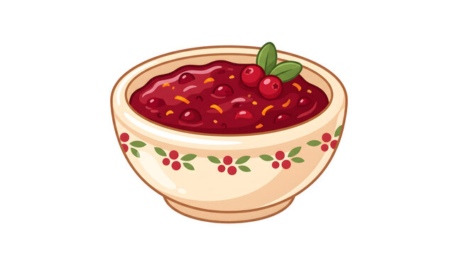 Delicious Homemade Cranberry Sauce in Decorated Ceramic Bowl Vector Illustration Isolated on White Background
