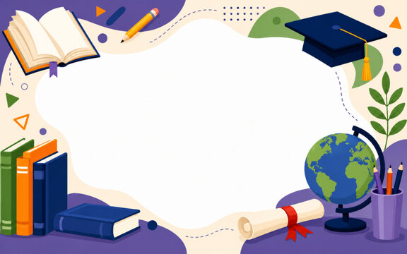 back to school education background featuring books, graduation cap, open book, pencils, and copy space. Perfect for educational banners, classroom posters, websites, and presentations.