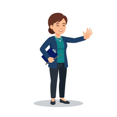Smiling woman in casual outfit waving cheerfully.