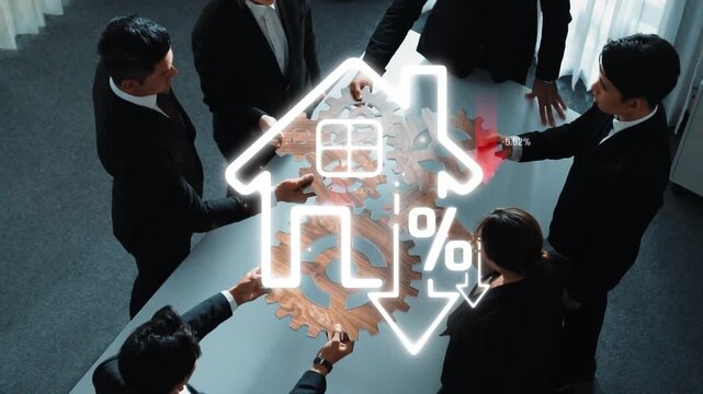 Business meeting analyzing real estate trends with downward arrows and gears, financial challenges in housing market, teamwork discussing strategies, modern office setting Sigmoid