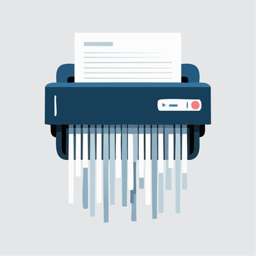 A flat vector illustration shows a blue paper shredder destroying a document into strips.