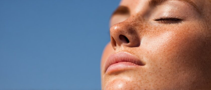 Close up portrait of young woman with freckles enjoying warm sunlight against clear blue sky natural skincare wellness concept