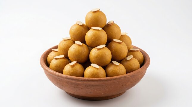 A heap of round yellow indian sweet besan laddu garnished with almond slices served in a rustic brown clay bowl on a white background