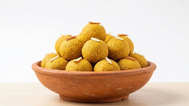 A pile of yellow gram flour laddu sweets garnished with sliced almonds served in a rustic brown clay bowl on a light wooden surface