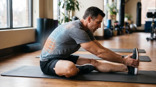 Man stretching hamstrings and back in gym with spine visualization showing discomfort or focus