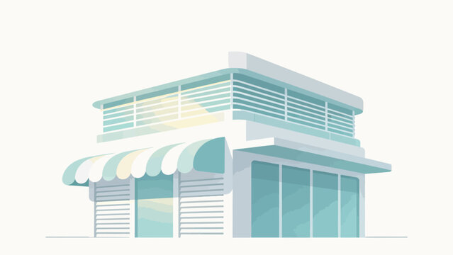Modern pastel two-story corner shop with striped awning and balcony