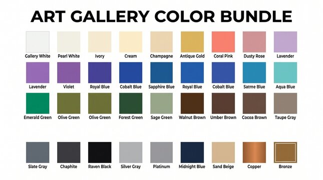 Art gallery color bundle chart with artistic paint swatches, sampling