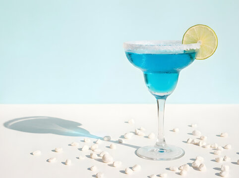 Blue Lagoon Margarita Cocktail with Salt Rim and Lime | Tropical Blue Hawaiian Drink on Bright Background | Refreshing Summer Blue Curacao Cocktail Image | Summer Cocktail Presentation with Salt-Rimme