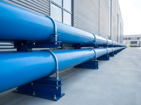 Blue Industrial Pipelines Running Along Exterior Wall | Large Steel Industrial Pipe System Outside Factory | Industrial Water or Gas Pipeline Network Infrastructure | Modern Factory Pipeline System 