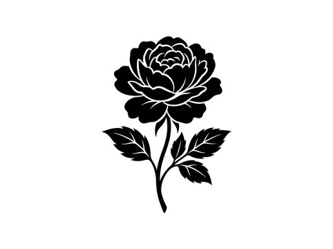 Black silhouette blooming rose flower with stem and leaves isolated on white background vector illustration