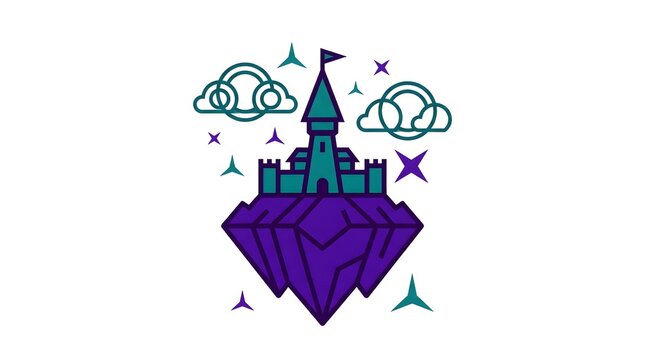 Floating Fantasy Castle with Clouds and Stars in Vector Art