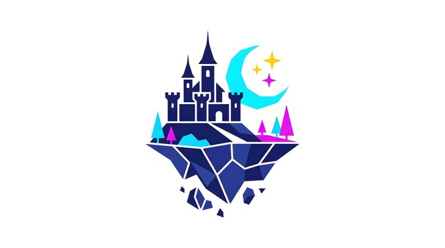 Floating fantasy castle with moon and stars in abstract vector style