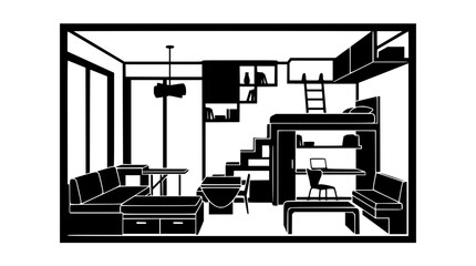 Minimalist studio apartment interior with loft bed and desk illustration © Rohaye