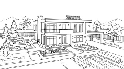 Fototapeta premium Modern Eco-Friendly House with Solar Panels and Landscaped Garden Line Art