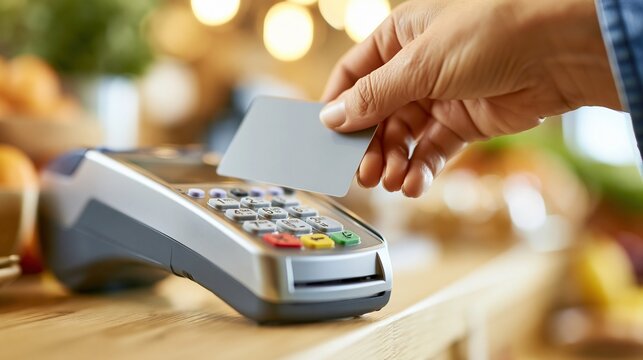 Close-up of a hand inserting a blank credit or debit card into a payment terminal for contactless transaction
