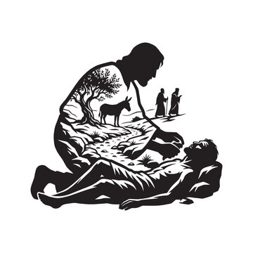 Good Samaritan Helping a Man Biblical Parable Composite Silhouette Fusion with Overlay Landscape Scene and Donkey Vector Illustration
