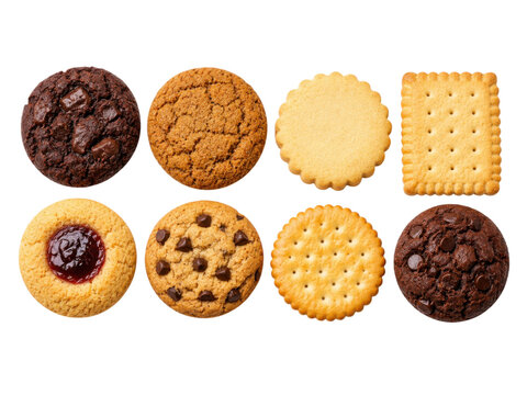 Collection of various sweet cookies and biscuits assortment including chocolate chip and oatmeal top view set.
