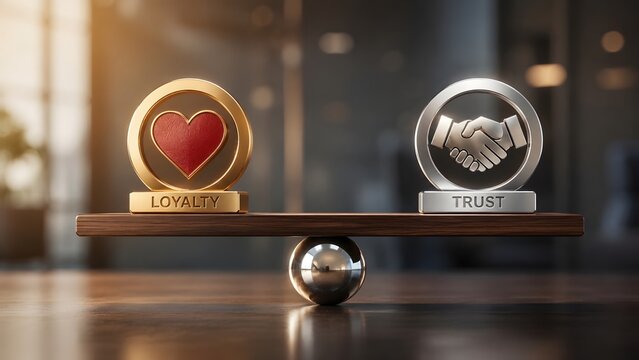 Balancing scale perfectly weighing golden loyalty heart and silver trust handshake icons for core business values