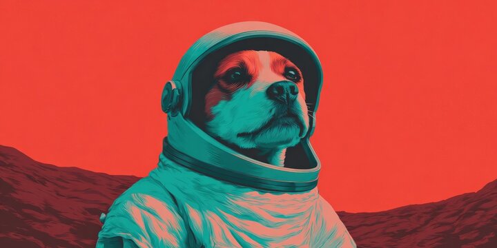 Dog in astronaut suit digital exploring alien planet landscape perfect for sci fi concepts creative space exploration projects