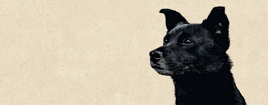 Black dog portrait digital against textured beige background with copy space for pet care concepts veterinary services