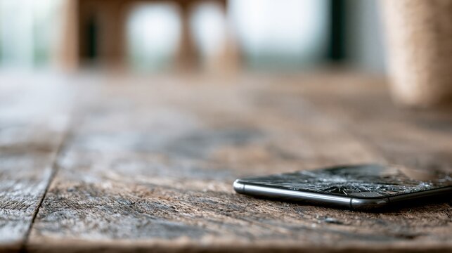Close-up of a shattered smartphone screen lying on a rustic wooden table, symbolizing damage and repair