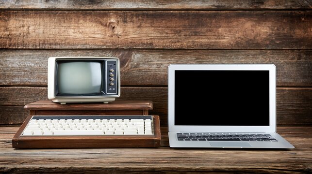 Vintage television and keyboard next to modern laptop on rustic wooden table against weathered wood backdrop