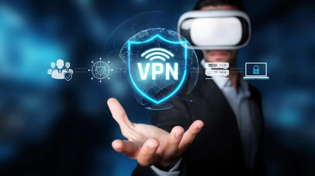 Virtual Reality and VPN Concept Featuring a Man in a Suit Interacting with Digital Technology Symbols and Icons in a Modern Setting Sigmoid