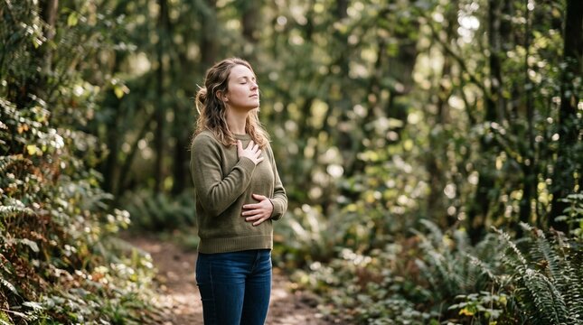 Woman Meditating in Forest with Hands on Chest and Stomach Peaceful Nature Scene